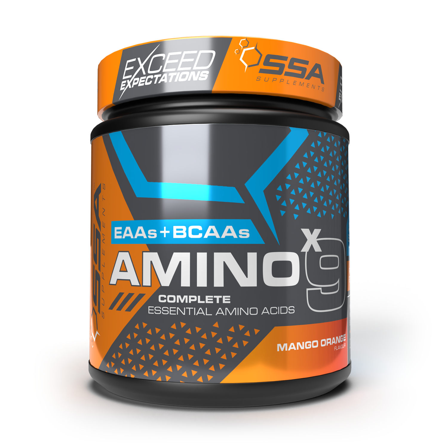 A container of SSA Amino X9, a complete essential amino acids supplement with cellular repair, in a orange and blue design with 'EXCEED EXPECTATIONS' and 'AMINO' text prominent.